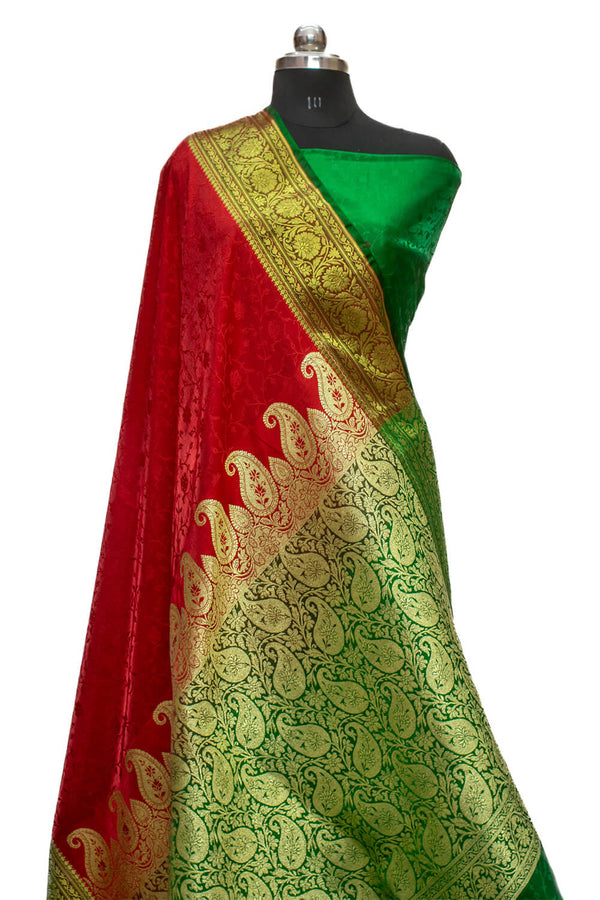 Red and Green Satin Silk Banarasi Saree