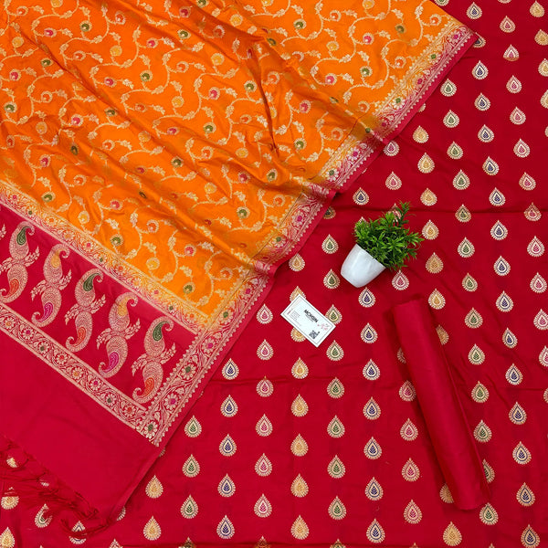 Red and Orange Golden Zari Katan Silk Banarasi Suit