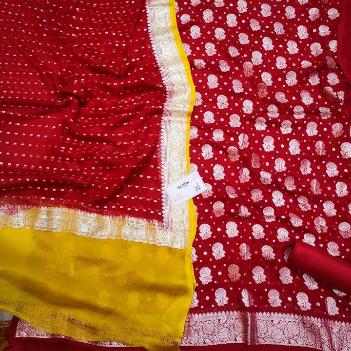 Red and Yellow Multi Handloom Georgette Banarasi Suit