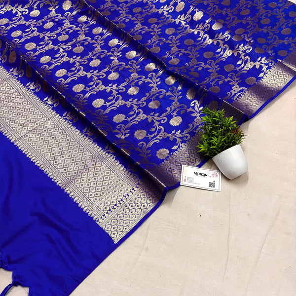 Royal Blue Golden Zari Crepe Silk Banarasi Dupatta