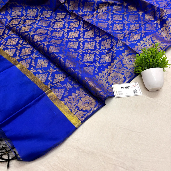 Royal Blue Golden Zari Satin Silk Banarasi Dupatta