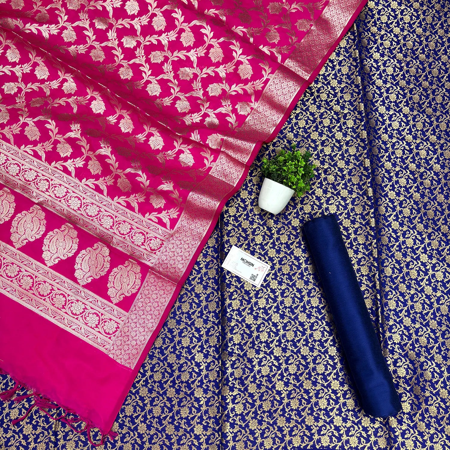 Royal Blue and Pink Golden Zari Katan Silk Banarasi Suit