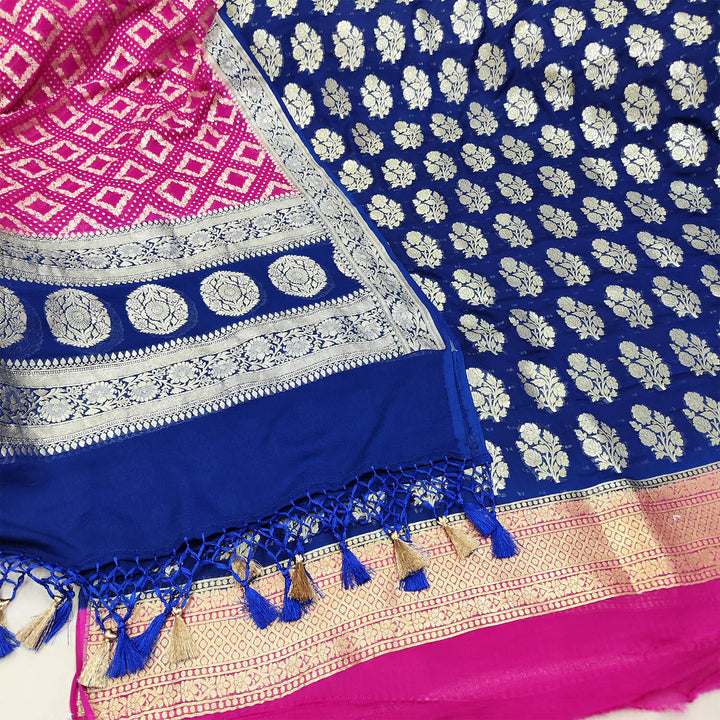 Royal Blue and Pink Handloom Georgette Silk Banarasi Suit