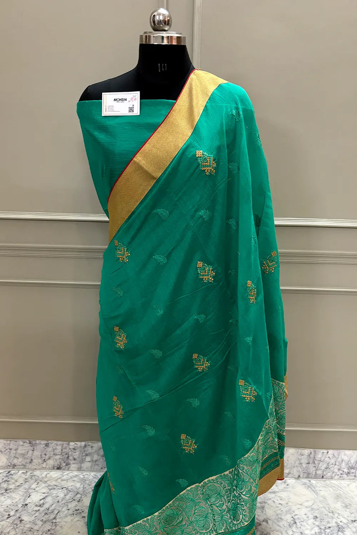 Sea Green Embroidery Silky Banarasi Saree