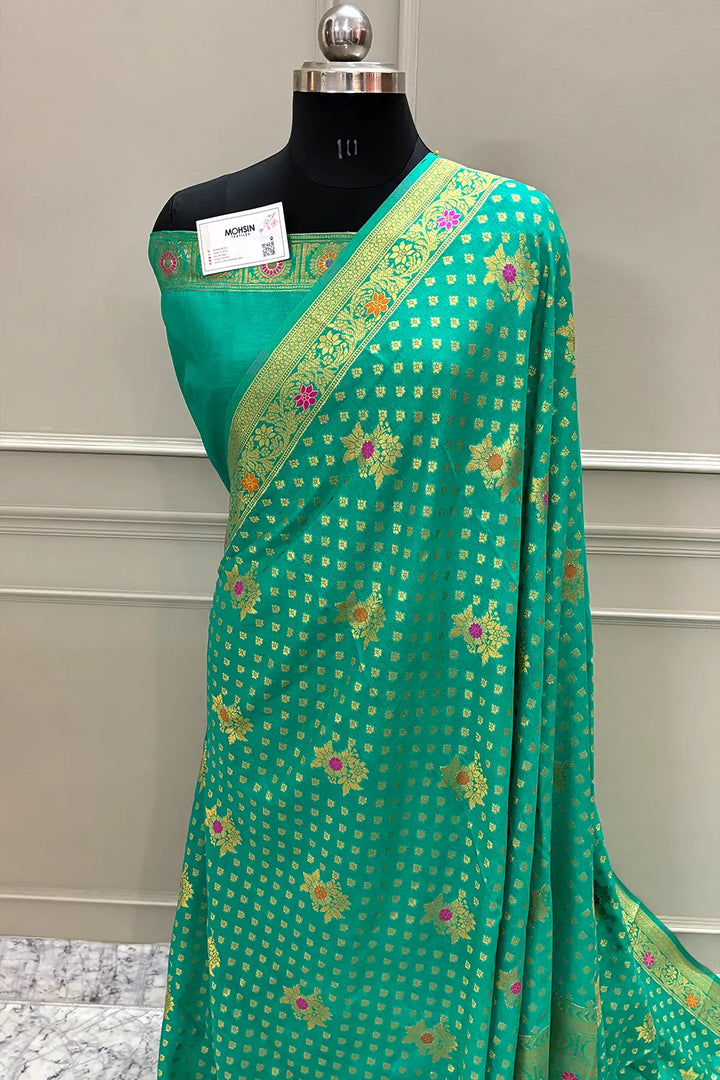 Sea Green Golden Zari Dola Silk Banarasi Saree