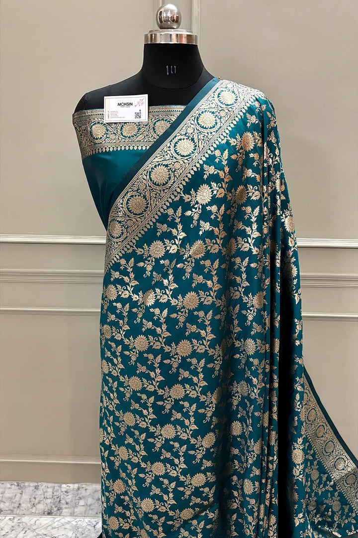 Teal Golden Zari Satin Silk Banarasi Saree