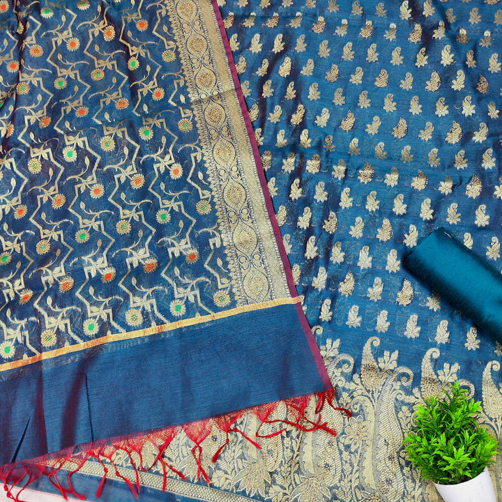 Teal Golden Zari Siroski Work Banarasi Silk Suit