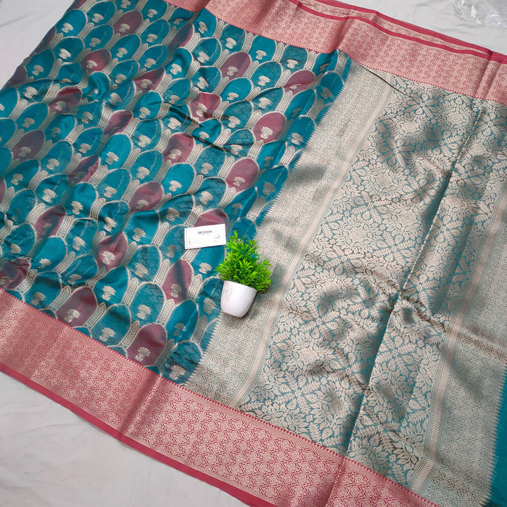 Teal Red Combi Organza Silk Banarsi Saree