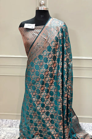 Teal Resham Zari Cotton Silk Banarasi Saree
