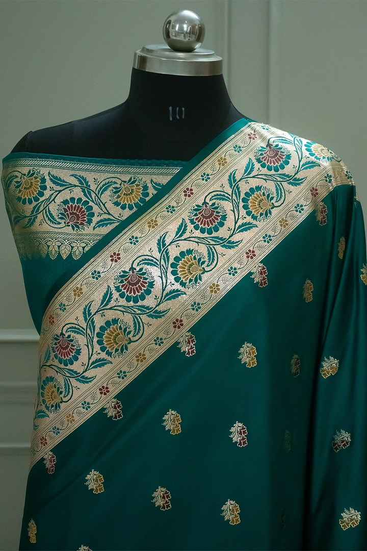 Teal Twins Buti Katan Silk Banarasi Saree