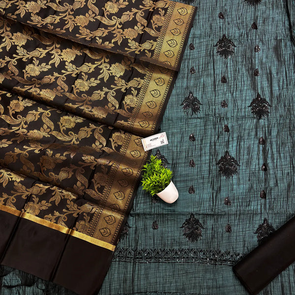 Teal and Black Sequence Work Tussar Silk Banarasi Suit