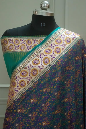 Teal and Peacock Jungli Jaal Katan Silk Banarasi Saree