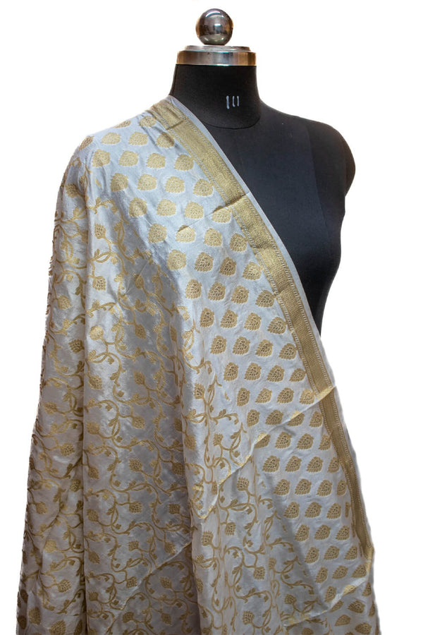 White Dyeable Golden Zari Katan Silk Banarasi Dupatta