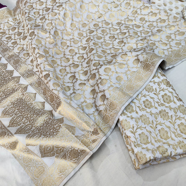 White Dyeable Golden Zari Katan Silk Banarasi Suit