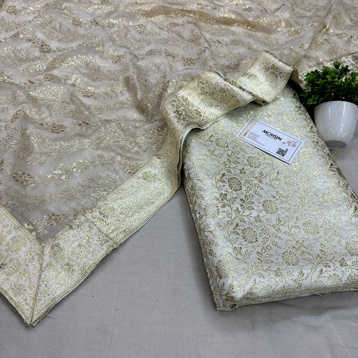 White Golden Zari Kimkhab Silk Banarasi Gharara