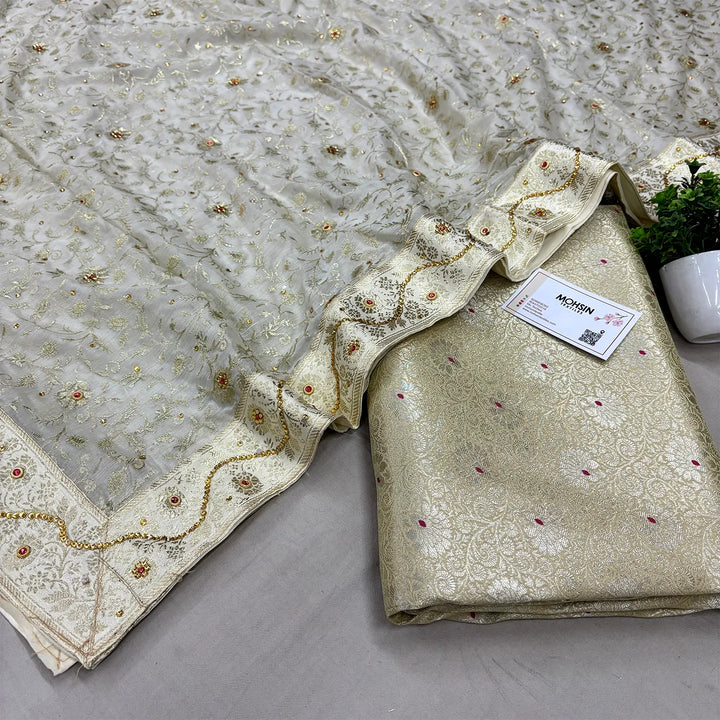 Cream Golden Zari Kimkhab Silk Banarasi Gharara With Stone Dupatta