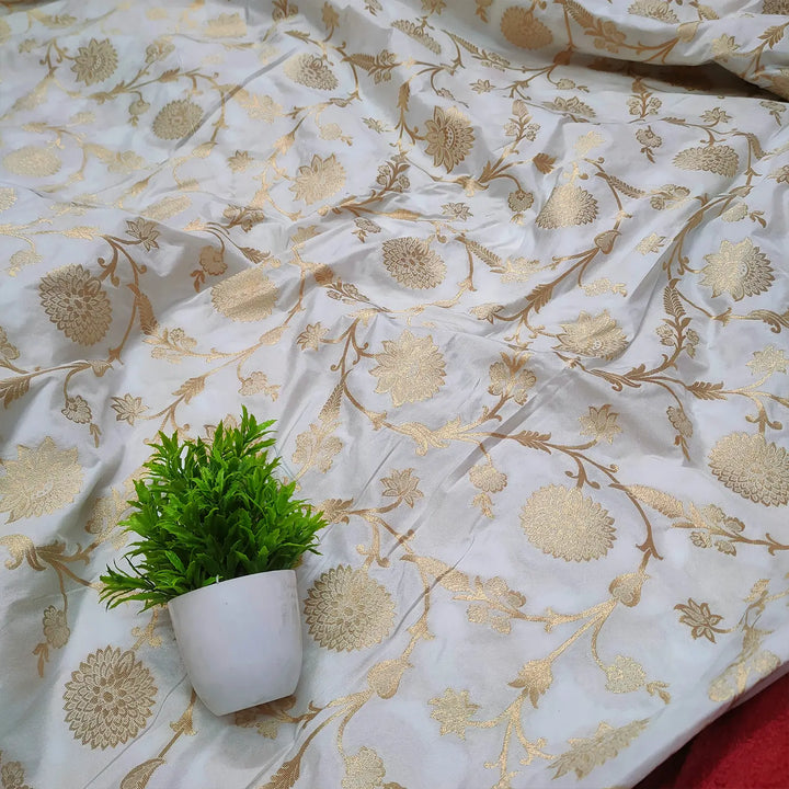 White Sunehri Jaal Katan Silk Banarasi Fabric