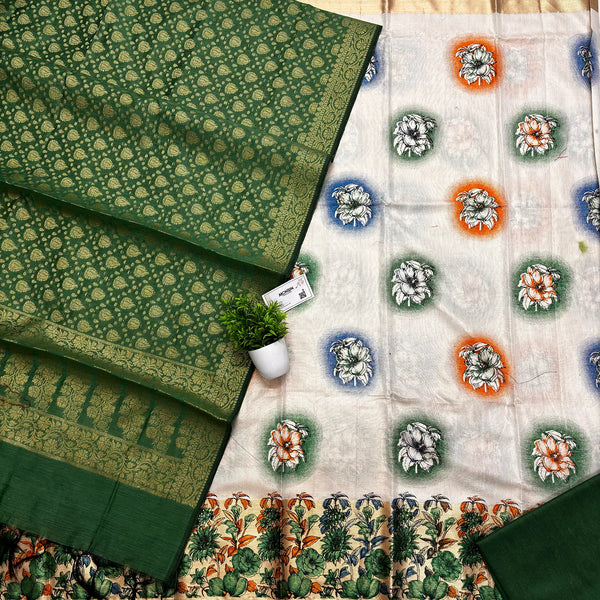 White and Green Printed Tissue Silk Banarasi Suit
