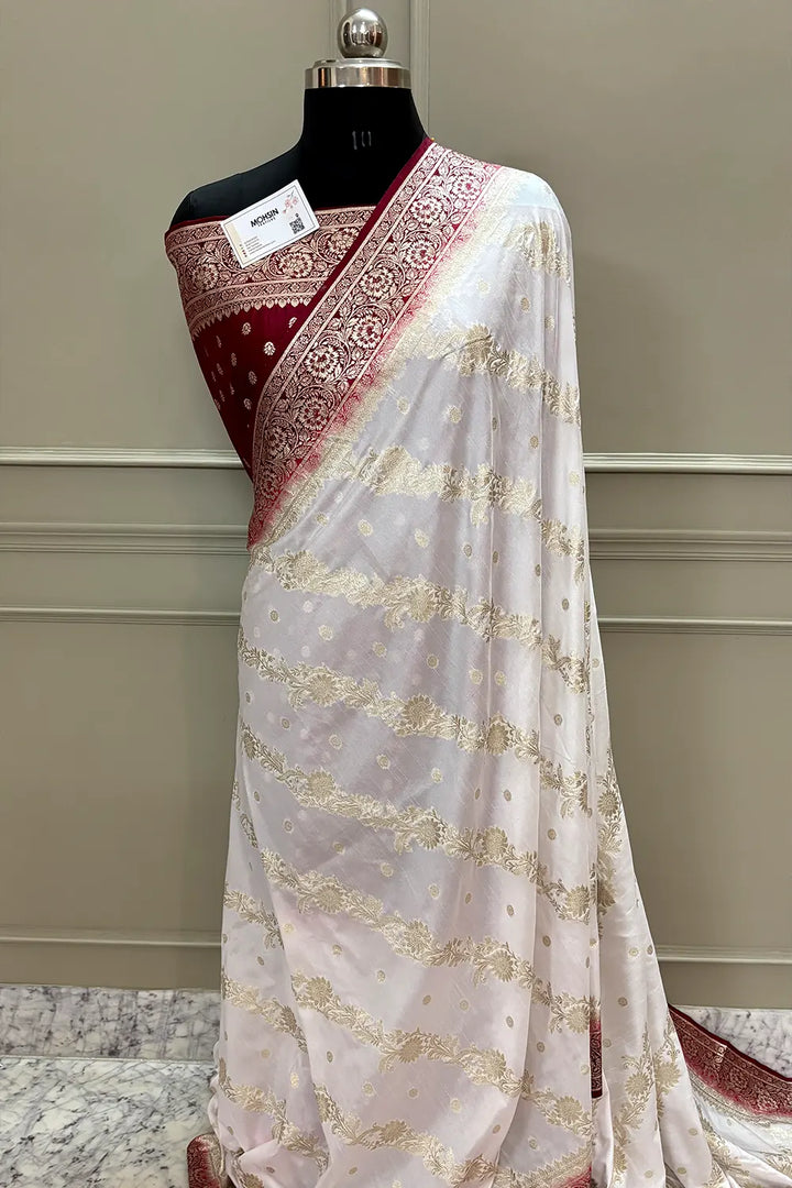 White and Maroon Golden Zari Dola Silk Banarasi Saree