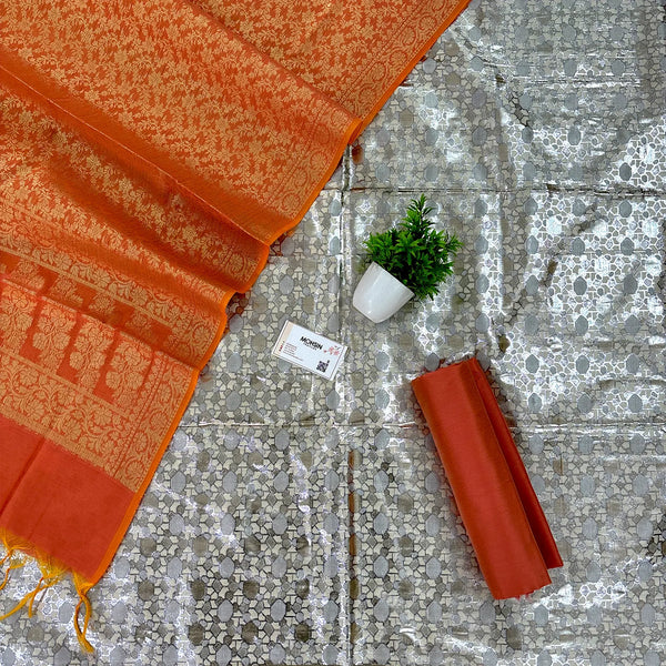 White and Orange Eta Patthar Shimmer Silk Banarasi Suit