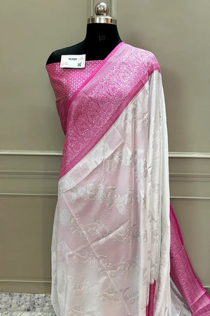 White and Pink Resham Zari Silky Banarasi Saree