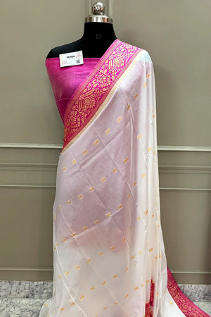 White and Pink Resham Zari Silky Banarasi Saree