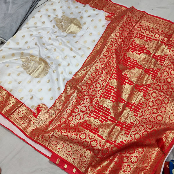 White and Red Golden Zari Satin Silk Banarasi Saree