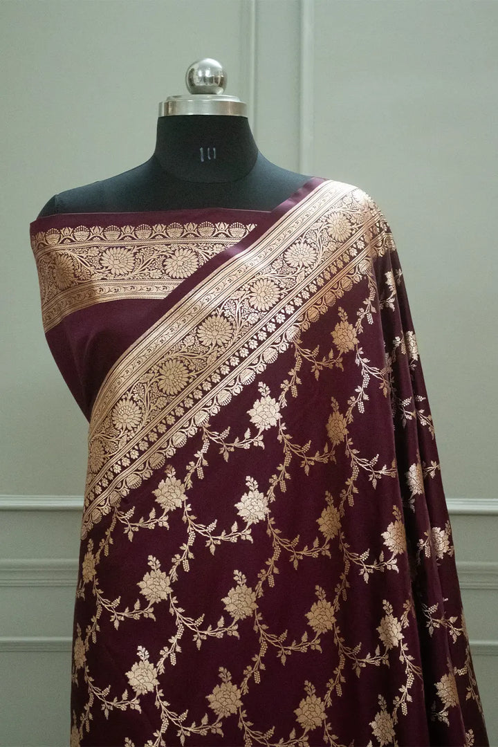 Wine Akbari Jaal Katan Silk Banarasi Saree