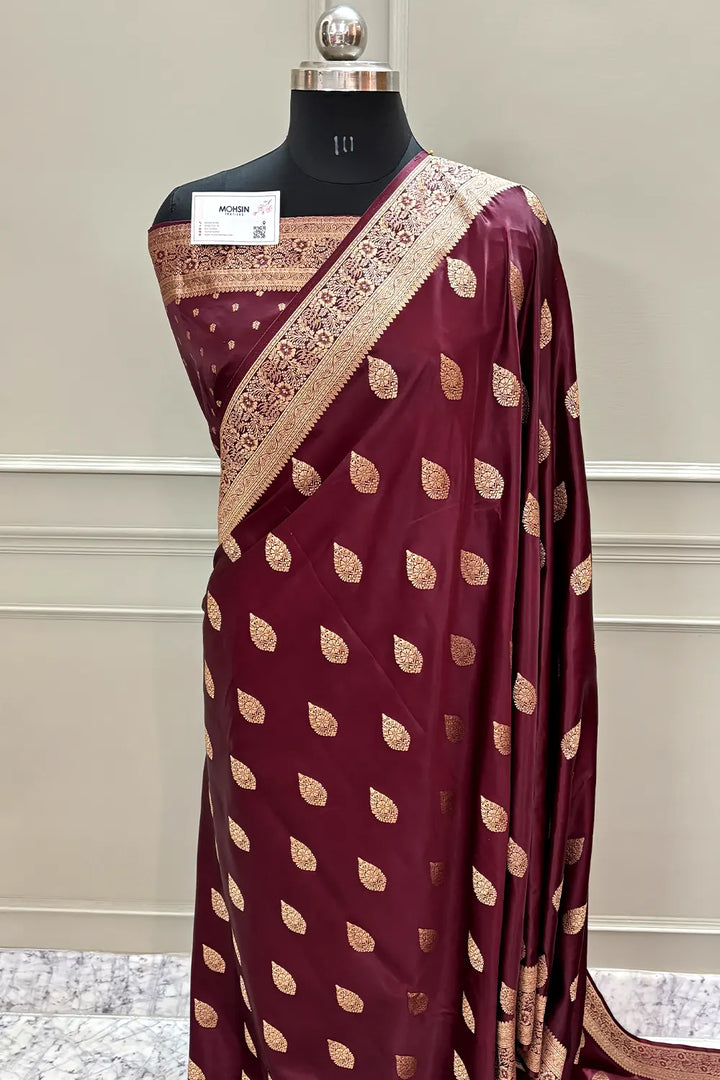 Wine Badami Buta Katan Silk Banarasi Saree