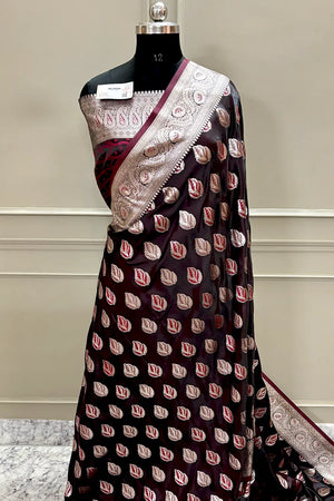 Wine Golden Zari Katan Silk Banarasi Saree