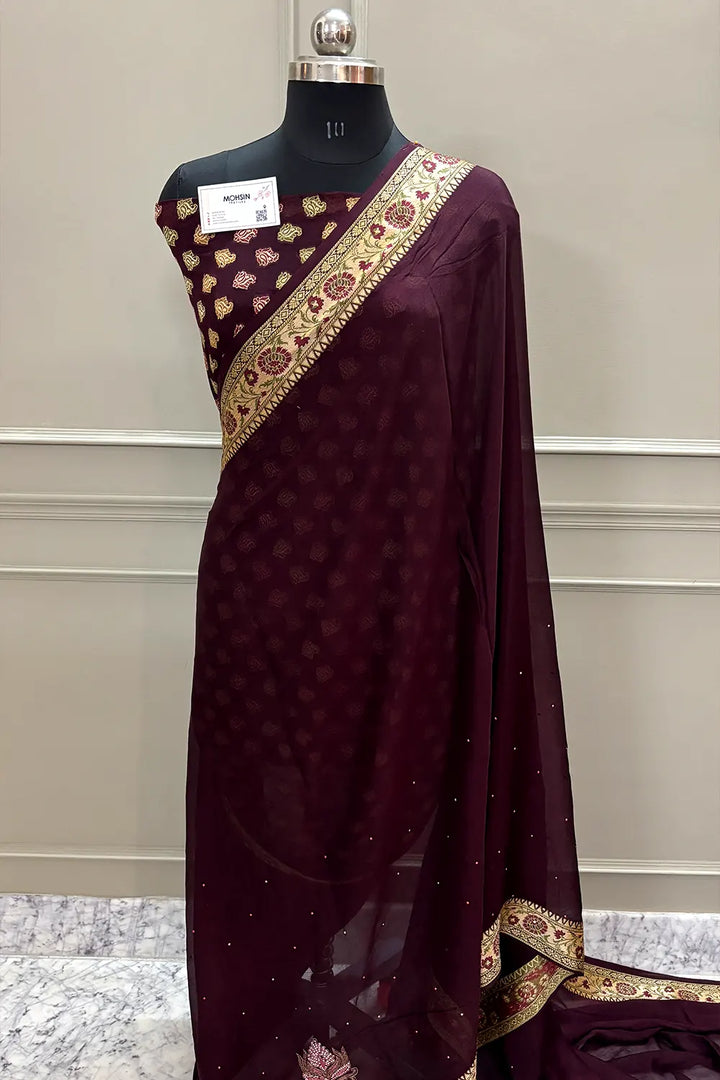 Wine Stone Work Georgette Silk Banarasi Saree