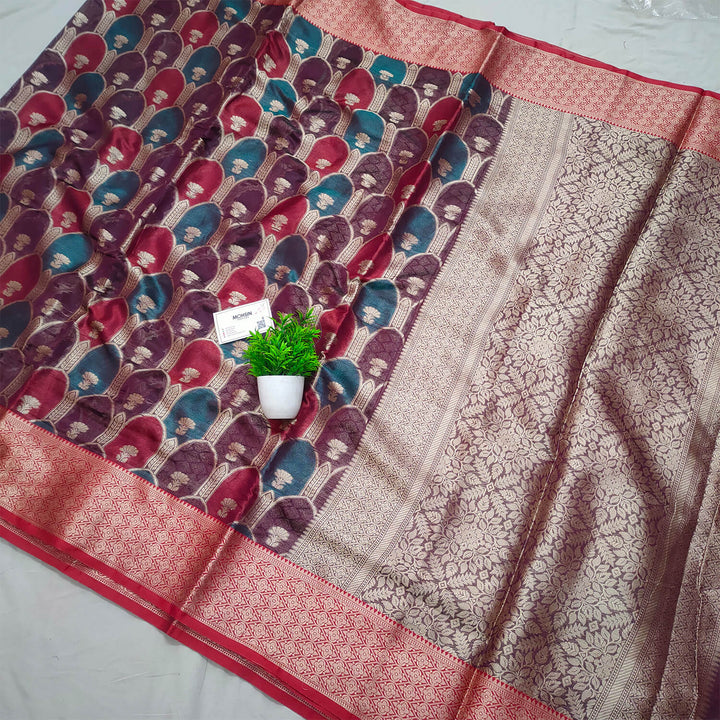 Wine Teal Combi Organza Silk Saree