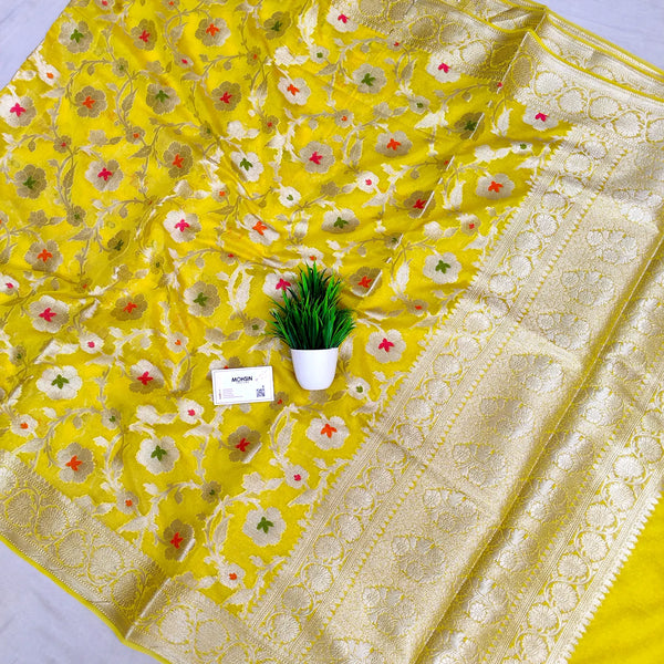 Yellow Golden Zari Georgette Silk Banarasi Saree