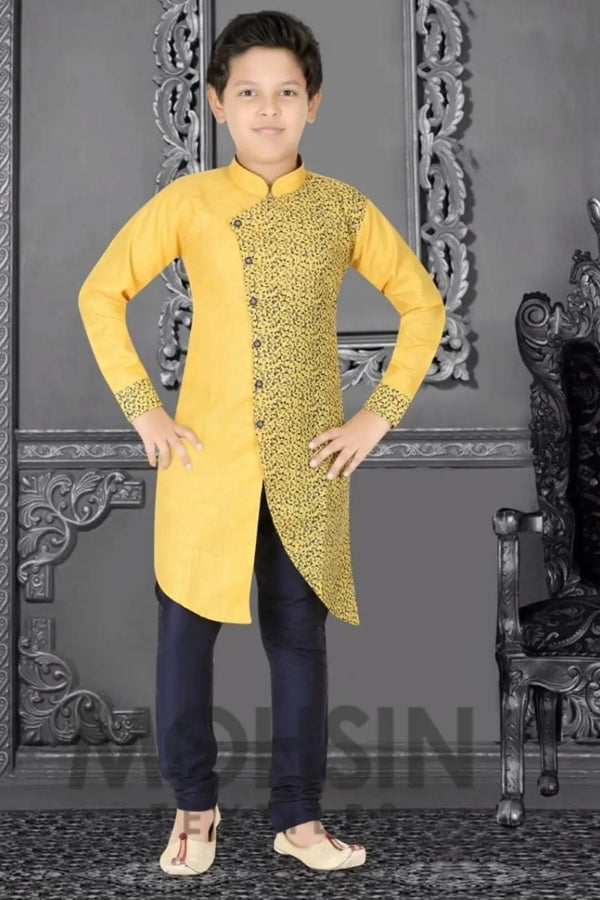 Yellow Half Print Cotton Silk Boys Kurta Pajama