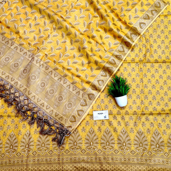 Yellow Resham Zari Cotton Banarasi Suit
