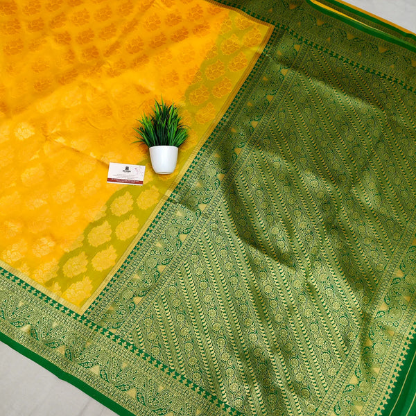 Yellow and Green Resham Zari Soft Silk Banarasi Saree