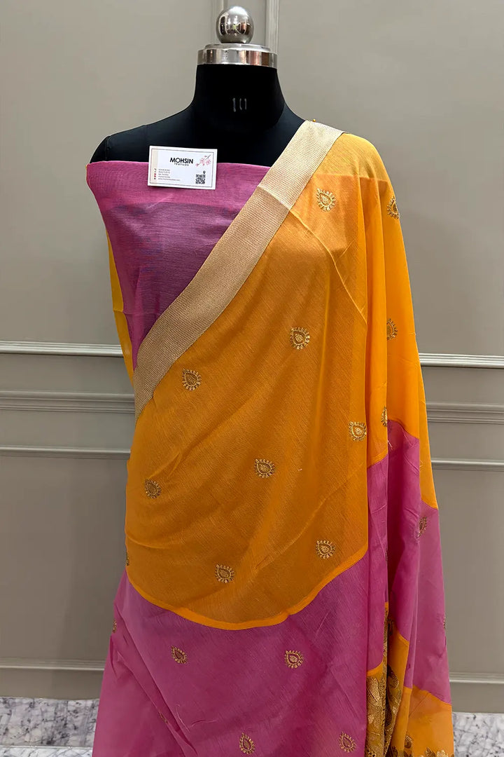 Yellow and Pink Embroidery Work Chanderi Silk Banarasi Saree