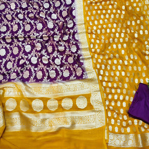 Yellow and Purple Handloom Georgette Silk Banarasi Suit