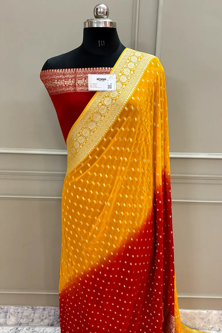 Yellow and Red Matar Dana Georgette Silk Banarasi Saree