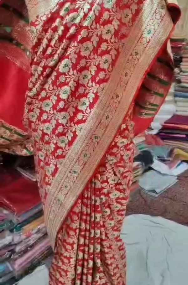 Red Green Meena Katan Silk Banarasi Saree