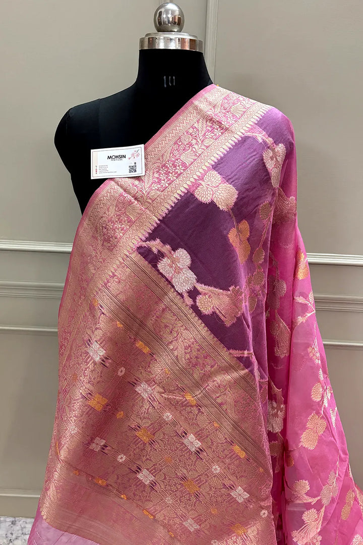 Baby Pink Golden Zari Organza Silk Banarasi Saree