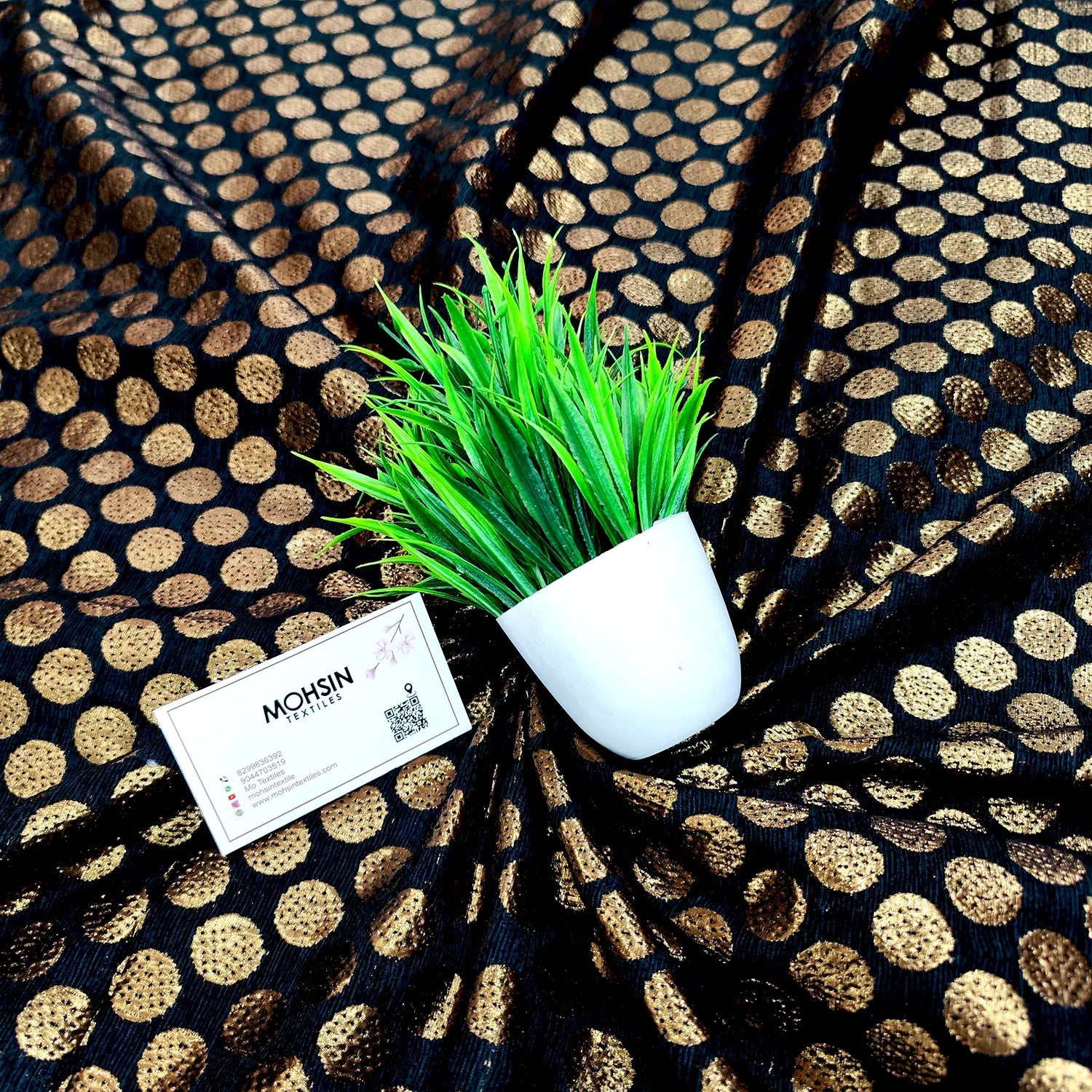 Black Dollar Buti Shimmer Silk Banarasi Fabric