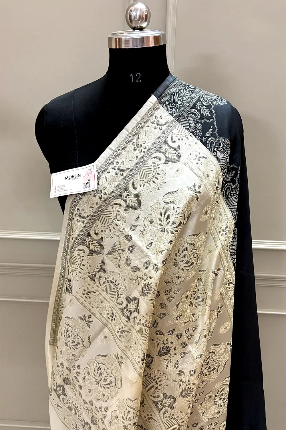 Black and Beige Plain Resham Silk Banarasi Saree