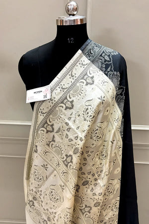 Black and Beige Plain Resham Silk Banarasi Saree