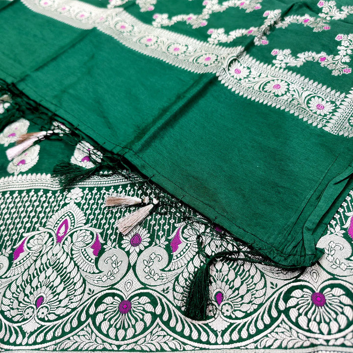 Bottle Green Chiretan Buti Katan Silk Banarasi Suit