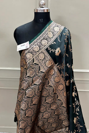 Bottle Green Golden Zari Katan Silk Banarasi Saree