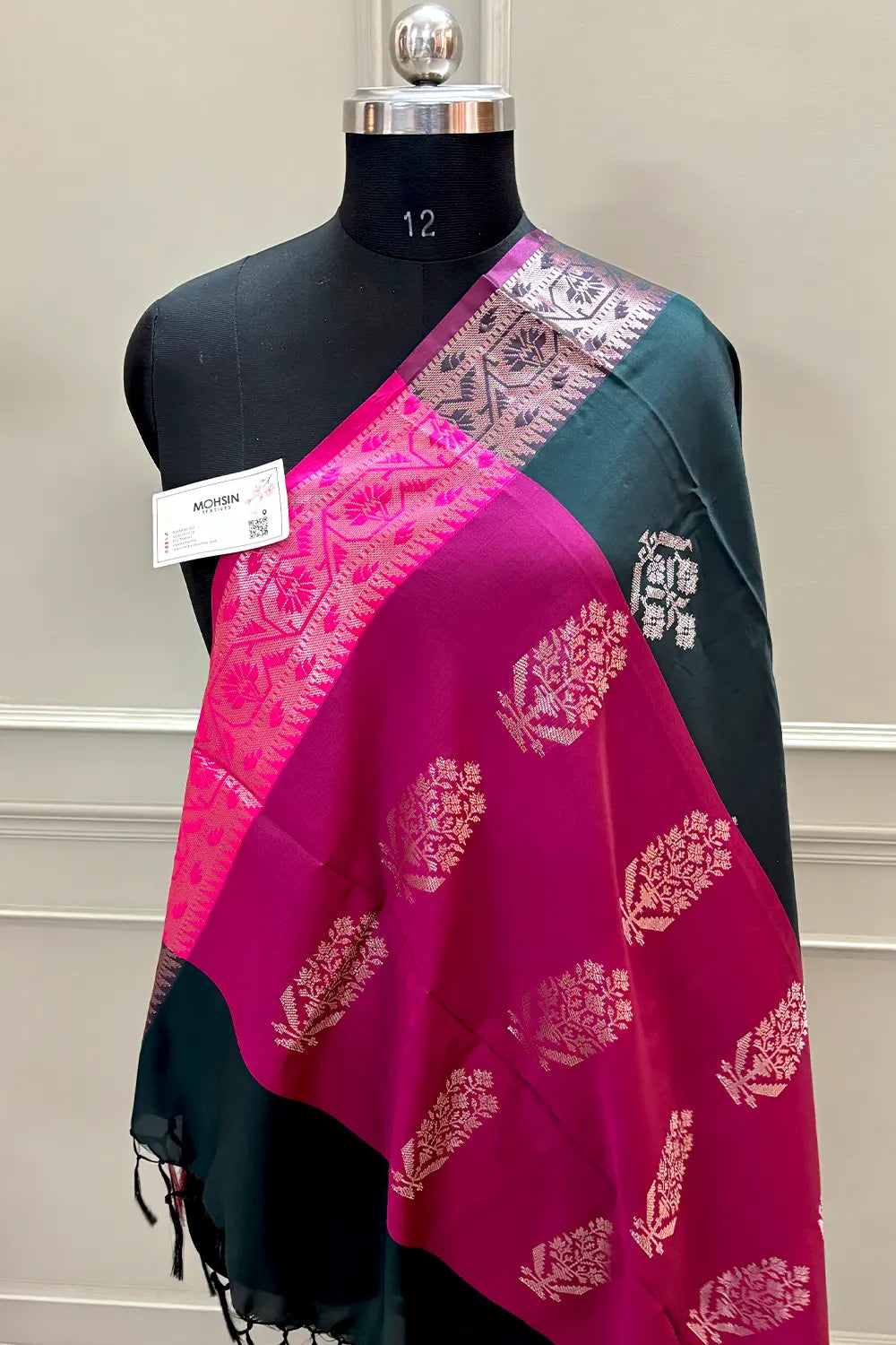 Bottle Green and Pink Golden Zari Banarasi Silk Saree