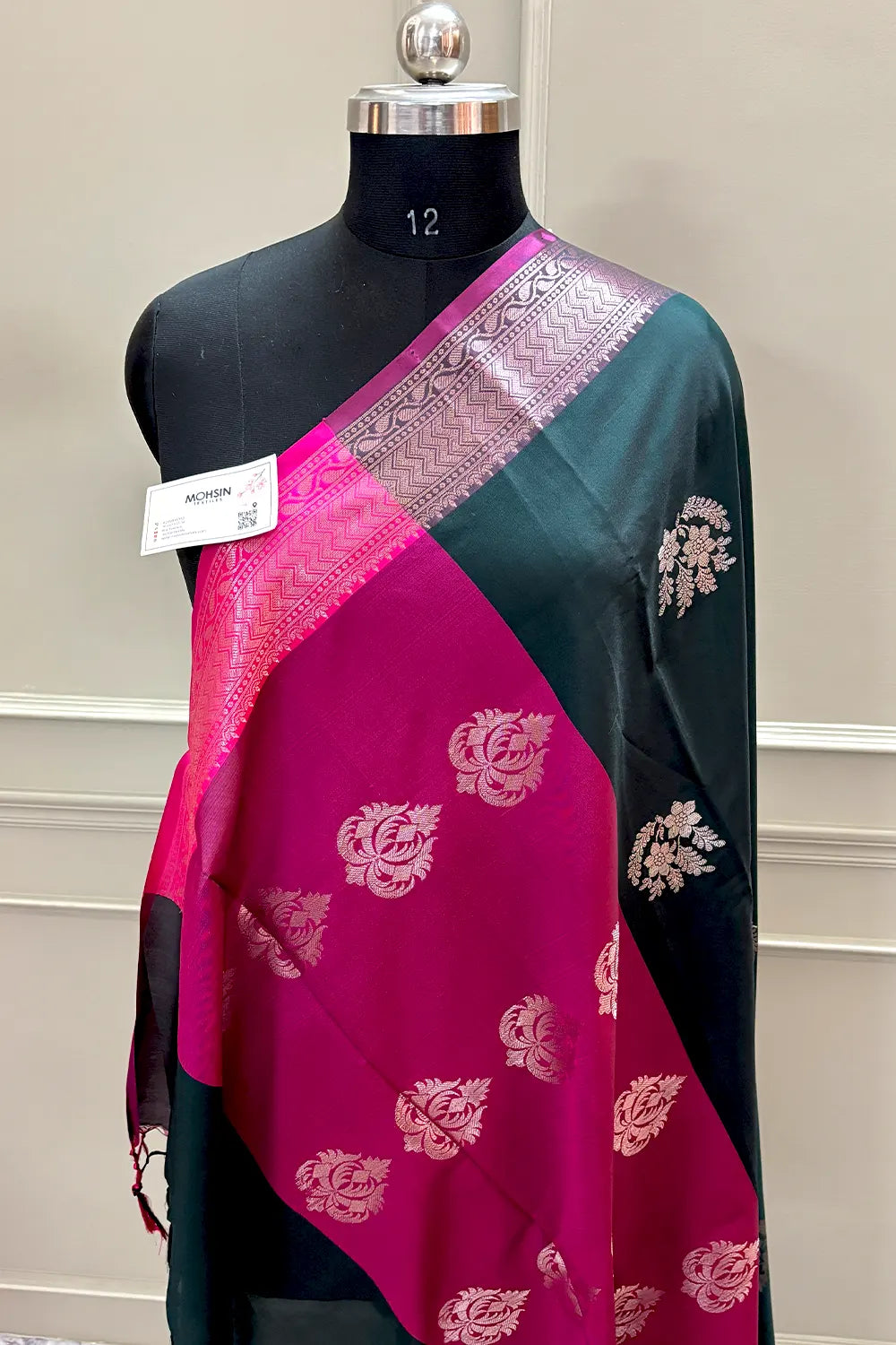 Bottle Green and Pink Golden Zari Banarasi Silk Saree