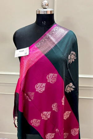 Bottle Green and Pink Golden Zari Banarasi Silk Saree