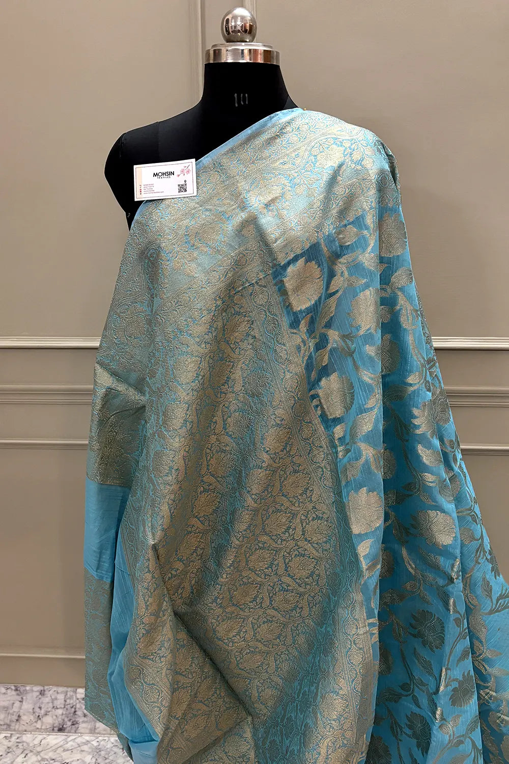 Firozi Golden Zari Chanderi Silk Banarasi Saree